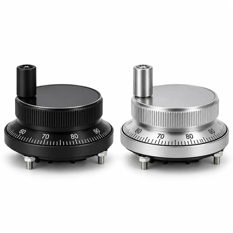 Black and silver panel-mount CNC MPG handwheels in an angled view